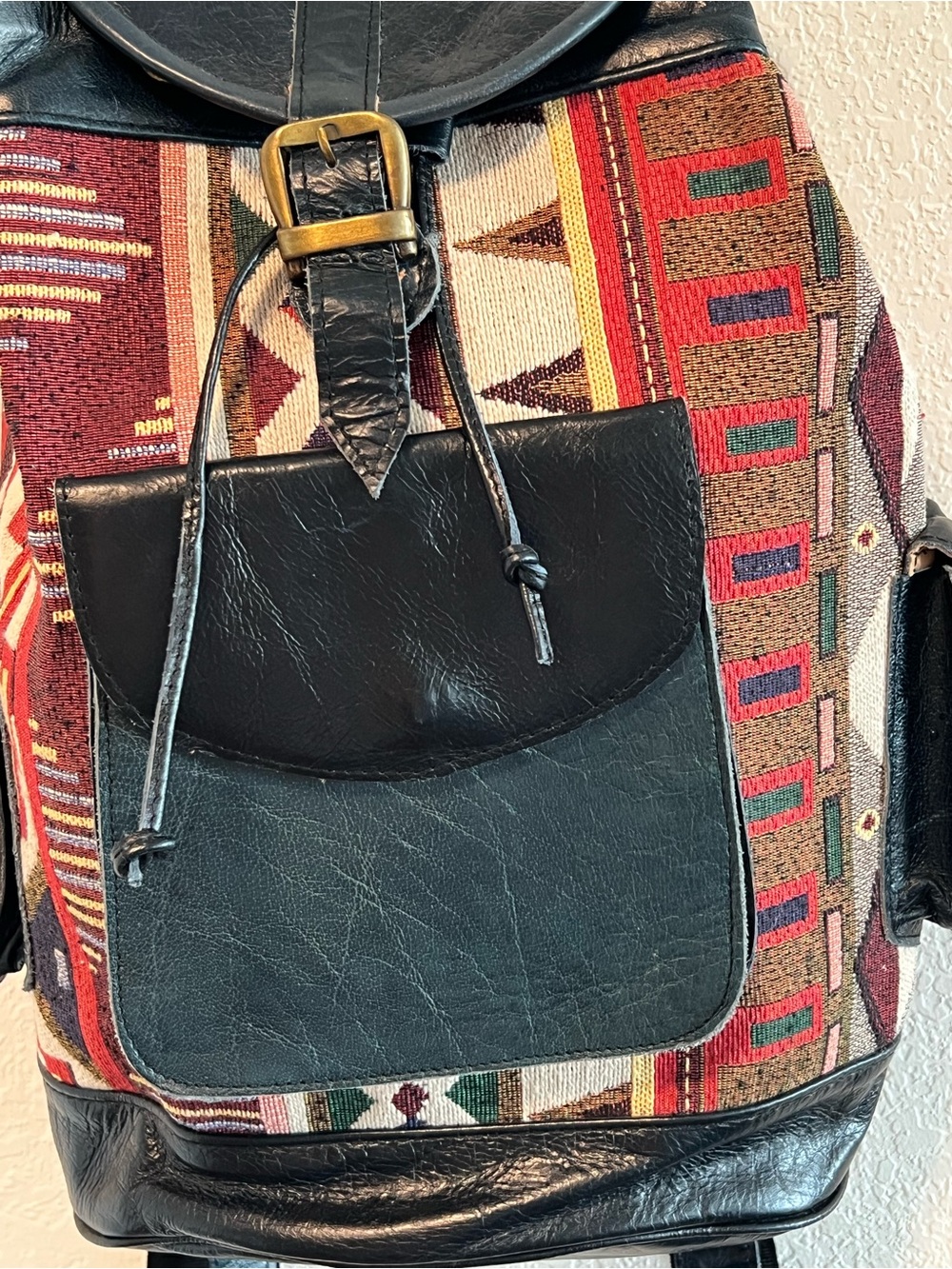 Black and Teal Leather & Southwestern Canvas Backpack